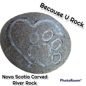 Because U Rock paw print Unique Rock Art N.S. River Rock Carving by @sharcra